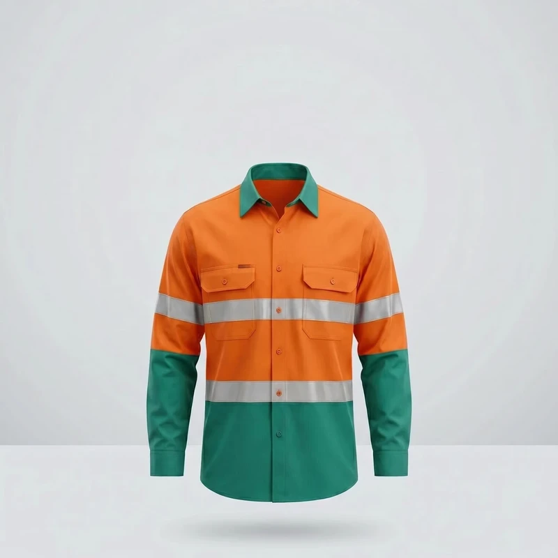 Two Tone Hi Vis Reflective Breathable Cotton Workwear Shirt Long Sleeve Durable Woven Fabric Safety Mining Factory Inspection
