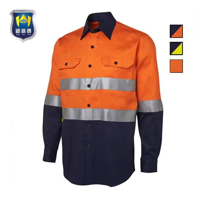 Two Tone Hi Vis Summer Breathable Long Sleeve Polyester Cotton Drill Safety Workwear Shirt with Reflective Features