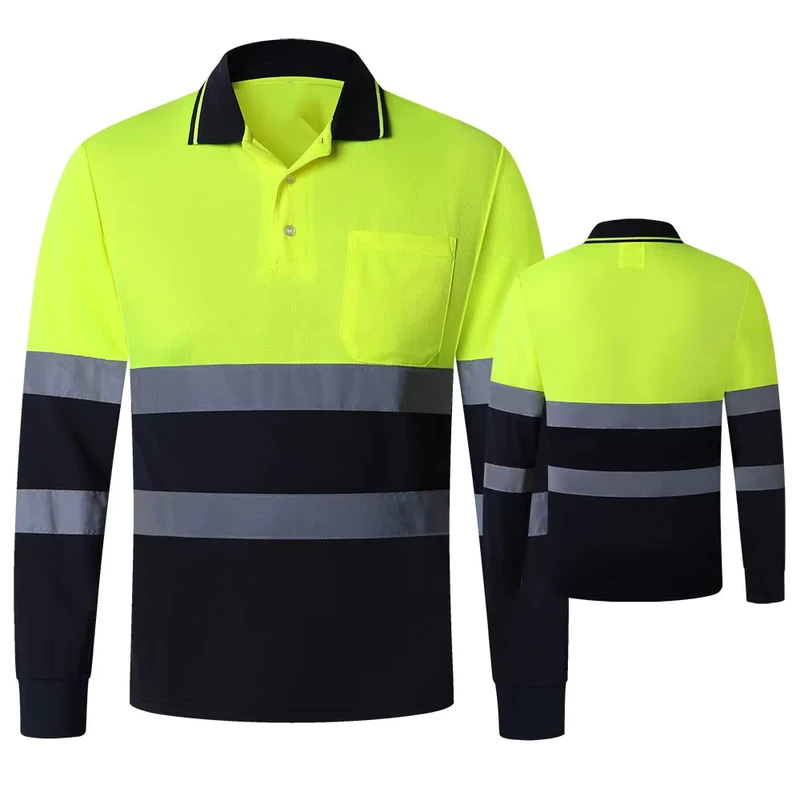 Two Tone Long Sleeve Safety Polo Shirt Orange High Visibility Reflective Shirt With Pockets Hi Vis Work Shirt