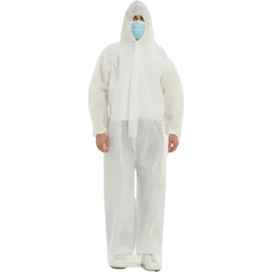 Type 3 PP PE 65gsm Disposable Coveralls 65gsm White Waterproof Safety Hazmat Suit with Hood Medical Protective Clothing