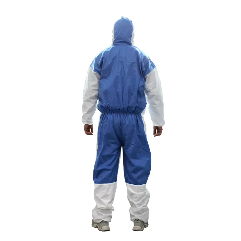 Type 5 6 Coverall Safety Clothing With Hood Microporous SMS Back Blue Patchwork Clothes