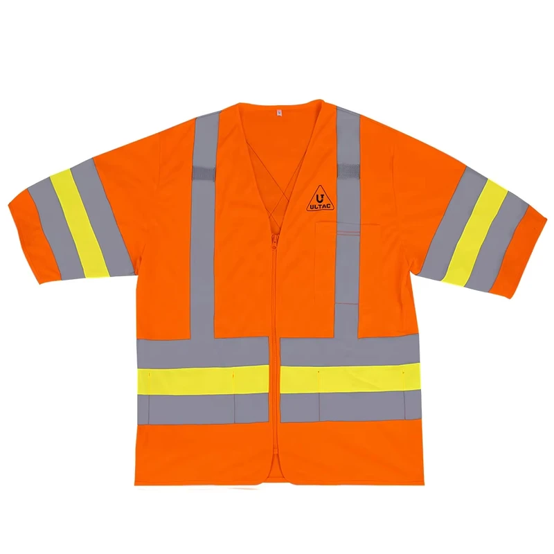 ULTAC ANSI Class 3 Hi Vis Safety Jacket Unisex Zipper Reflective Tape Outdoor Workwear Orange Short Sleeve