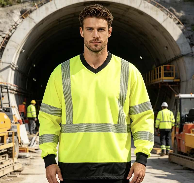 UPF 40+ UV Protection Safety Long Sleeve T Shirt 55% Cotton 45% Polyester 175g Knit Reflective Hi Vis Workwear Class 3 Certified