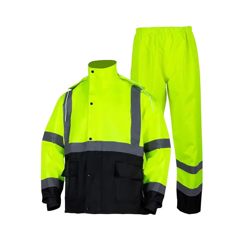 Hi Vis Reflective 300D Oxford Polyester Outdoor Rainsuit Customizable Logo Waterproof Safety Jacket and Pant