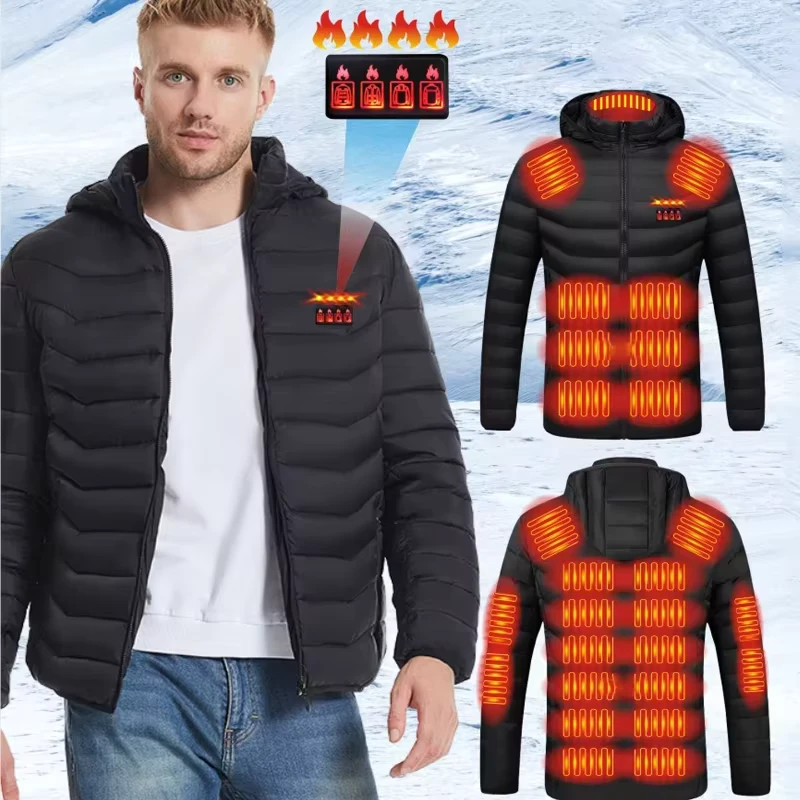 USB Heating Hooded Windproof Jackets Unisex Winter Warm Heated Parkas 35 Zones Electric Padded Jacket Coat Plus Size 6XL