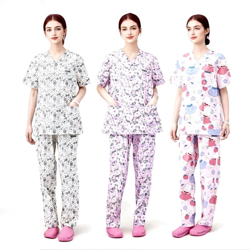 Unisex 100% Cotton Short-Sleeve V-Neck Nurse Uniform Set