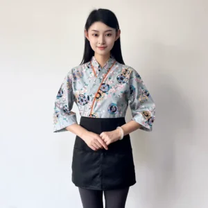 Unisex 7/8 Sleeve Izakaya Kimono Top Japanese Chef Coat with Tie for Sushi Restaurant Staff Twill Fabric
