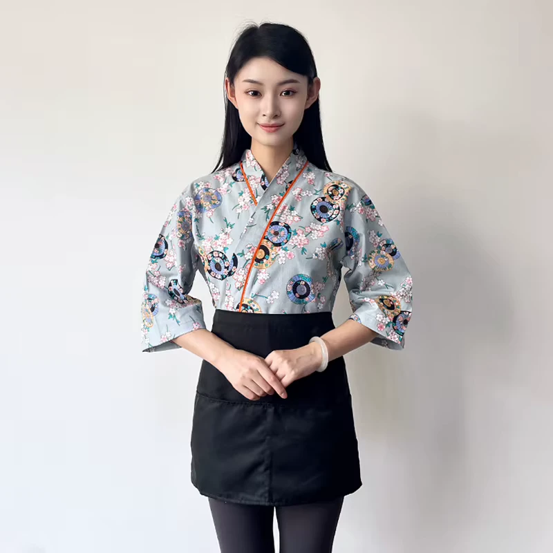 Unisex 7/8 Sleeve Izakaya Kimono Top Japanese Chef Coat with Tie for Sushi Restaurant Staff Twill Fabric