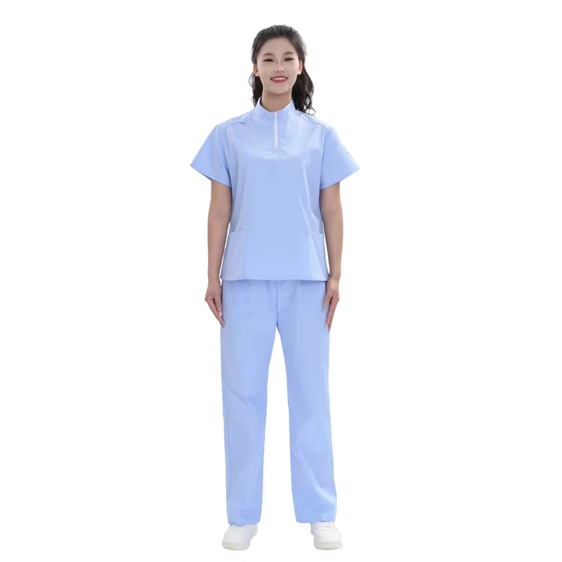 Unisex Baby Blue TC Medical Scrub Set Custom Hospital Uniforms OEM Private Label Factory