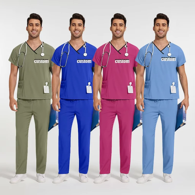 Unisex Black V-Neck Short Sleeve Scrub Set Canvas and Spandex Fabric Hospital Clinic Dental Uniforms