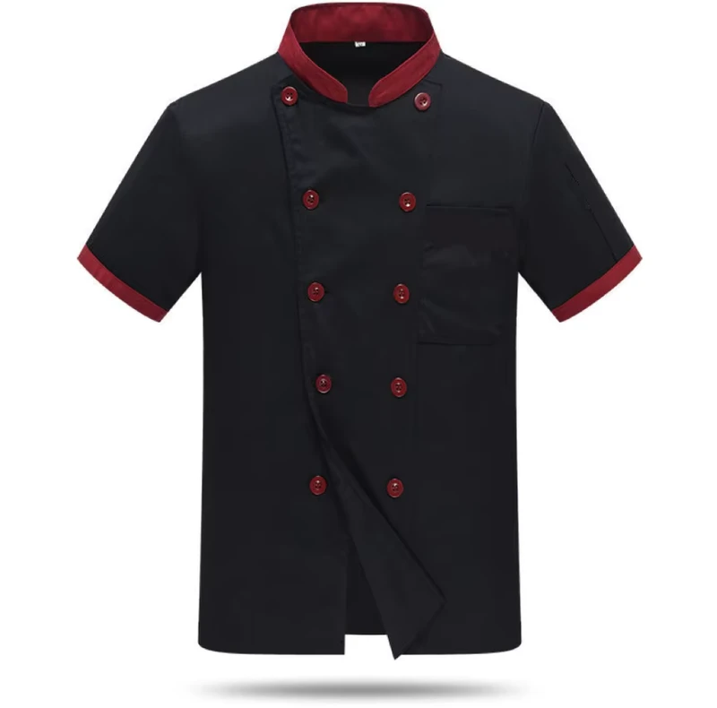 Unisex Black and Red Patchwork Short Sleeve Chef Waiter Jacket Restaurant Uniform