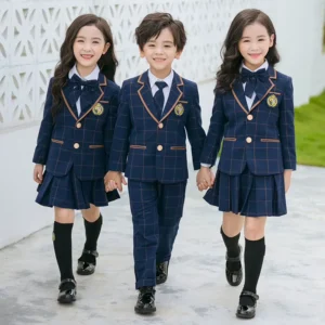 Unisex British Style Primary School Uniform Set, Plaid Knitted Fabric, High School and Kindergarten Class Uniform