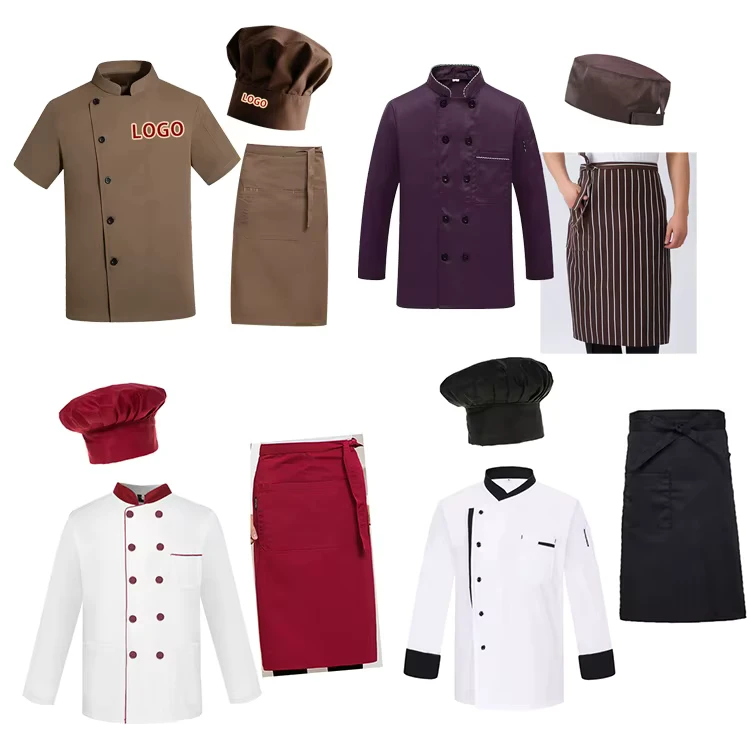 Unisex Chef Uniform Kitchen Restaurant Jacket with Hat and Apron Polyester Cotton