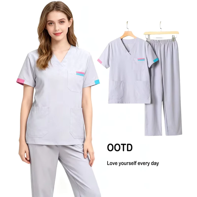 Unisex Gray Nursing Uniform Medical Surgical Scrub Set Woven Stretch Polyester Cotton V-Neck Hospital Workwear