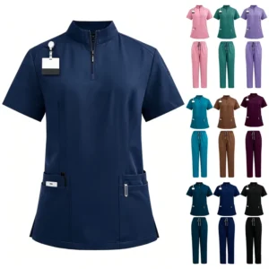 Unisex Half Zip Stretch Scrubs Set Stand Collar Top & Jogger Pant Multi Colors Customizable Anti Wrinkle Medical Uniform