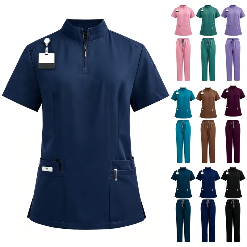 Unisex Half Zip Stretch Scrubs Set Stand Collar Top & Jogger Pant Multi Colors Customizable Anti Wrinkle Medical Uniform