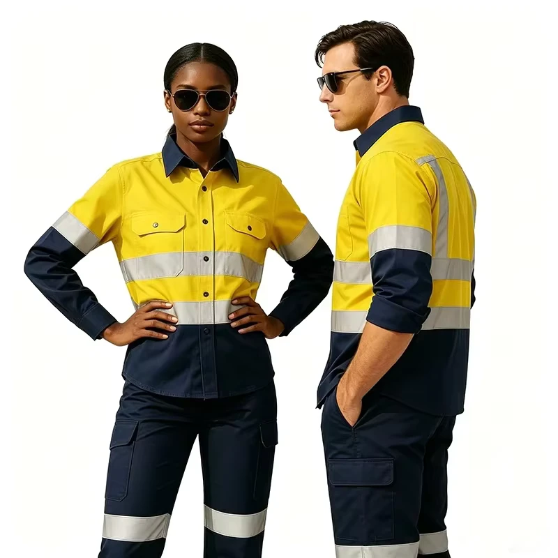 Unisex Hi Vis Reflective Silk Screen Printed Cotton Long Sleeve Safety Suit Model WG 03 1 for Mine Oilfield Construction