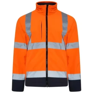 Unisex Hi Vis Reflective Softshell Jacket Waterproof Anti wrinkle Silk Screen Printed Yellow Navy Two Tone Safety Coat