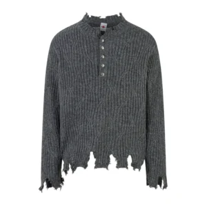 Unisex High-End Frayed Hem Knit Sweater Street Fashion Style Simple Solid Color Men’s Loose Cardigan for Winter Front Logo Tops