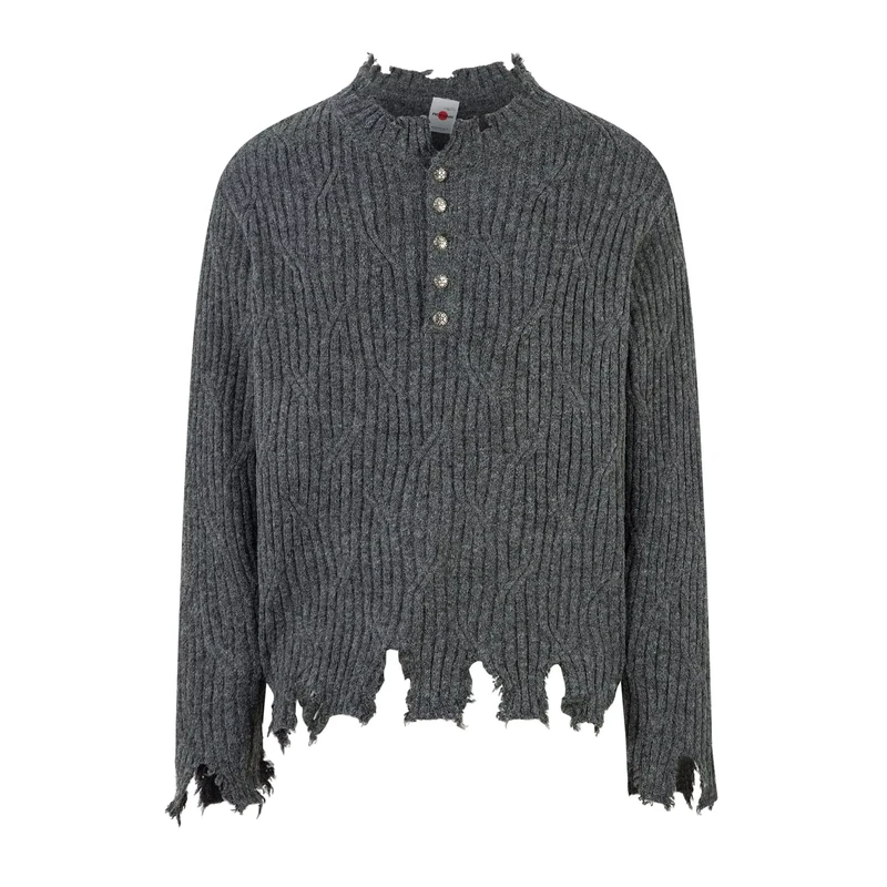 Unisex High-End Frayed Hem Knit Sweater Street Fashion Style Simple Solid Color Men's Loose Cardigan for Winter Front Logo Tops