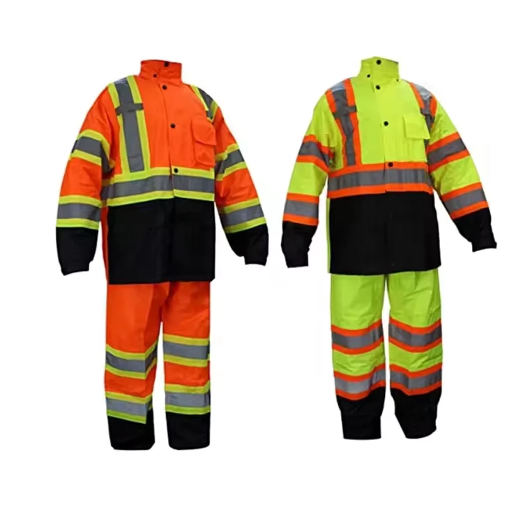 Unisex High Visibility Jacket and Pants Detachable Hood Reflective Safety Work Suits for Construction Road Workers