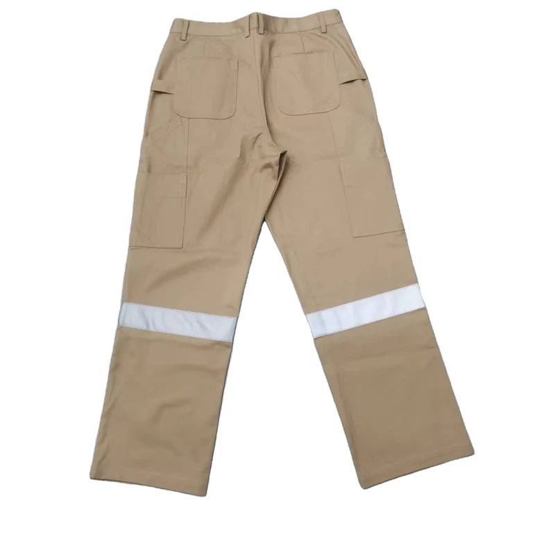 Unisex Khaki Slim-Fit Cargo Pants, Multi-Pocket, High-Reflective Tape Workwear