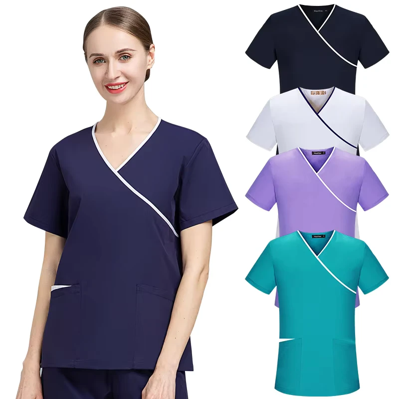 Unisex Knitted Medical Nursing Scrub Set Short Sleeve Elastic Top and Pants