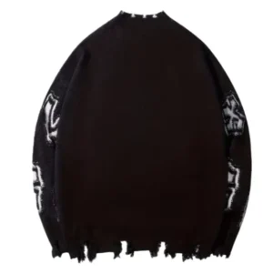 Unisex Long Sleeve Winter Sweater Knitted with Frayed Embroidery Irregular Patchwork Breathable Front Logo