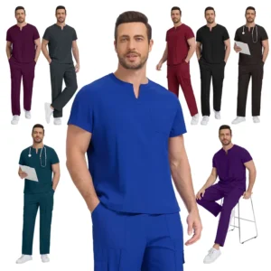 Unisex Medical Scrub Set Multi Pocket Notch Neck Nurse Uniform Top Pants OEM