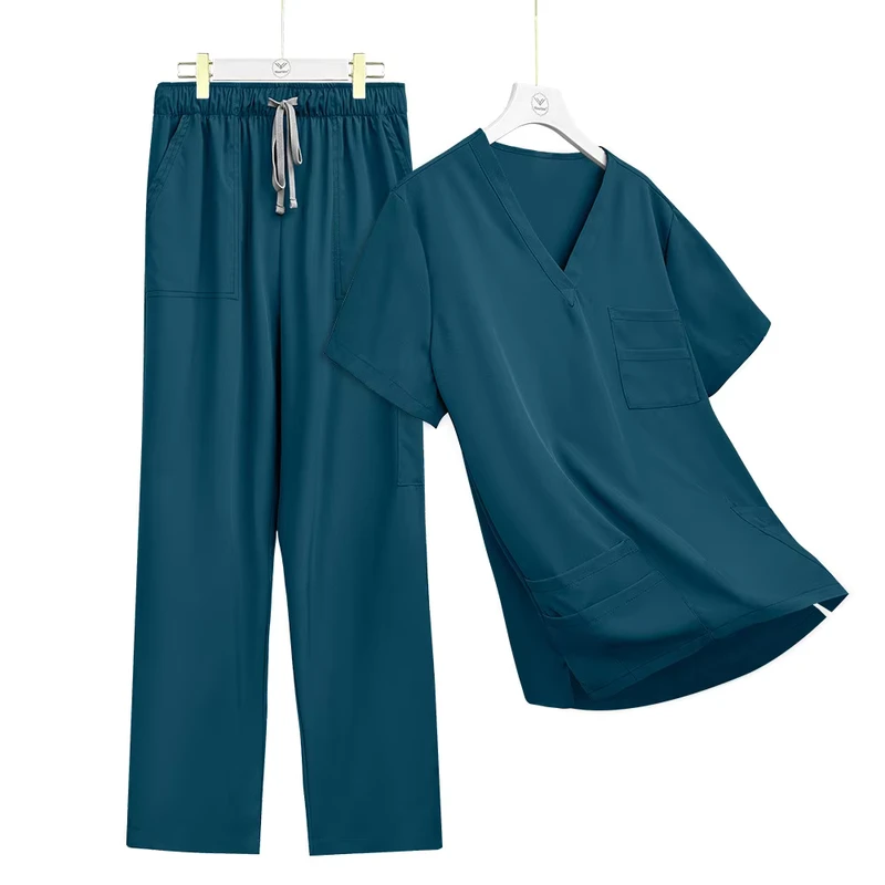 Unisex Multi-Pocket Nurse Scrub Set with Top and Pants
