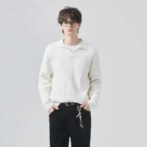 Unisex Polyester Sweater Winter High-End Loose Lazy for Turn-Down Collar Full Sleeve Knit Top