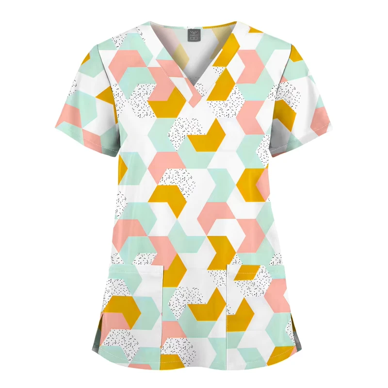 Unisex Printed Medical Scrub Top V Neck Short Sleeve Nursing Uniform Custom Pattern Healthcare Workwear OEM and Private Logo