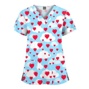 Unisex Printed Medical Scrub Top V Neck Short Sleeve Nursing Uniform Custom Pattern Healthcare Workwear OEM and Private Logo
