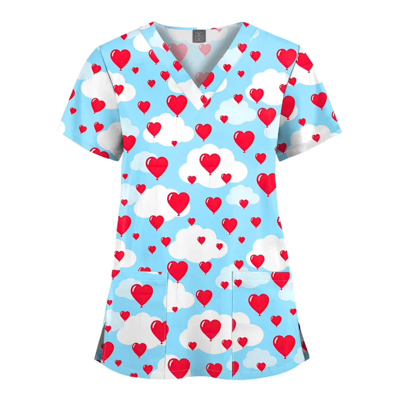 Unisex Printed Medical Scrub Top V Neck Short Sleeve Nursing Uniform Custom Pattern Healthcare Workwear OEM and Private Logo