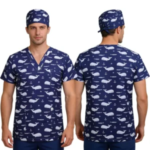 Unisex Printed Polyester V-Neck Short-Sleeve 3-Piece Scrub Set for Oral and Cosmetic Hospitals