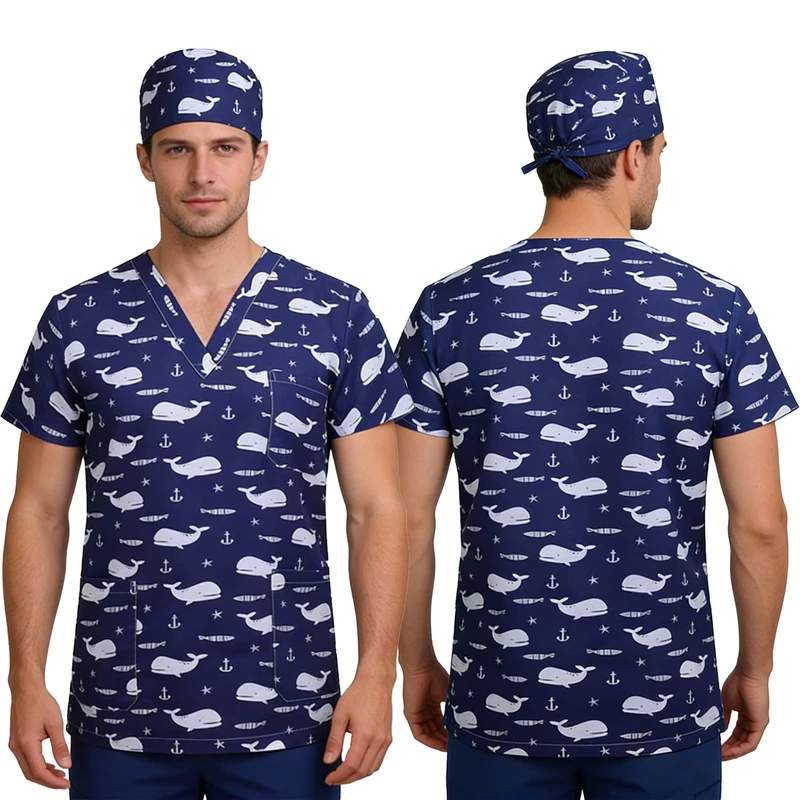 Unisex Printed Polyester V-Neck Short-Sleeve 3-Piece Scrub Set for Oral and Cosmetic Hospitals