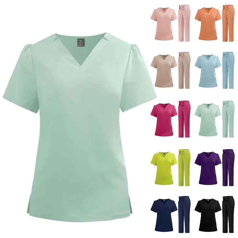 Unisex Quick Drying Thin Anti wrinkle 2 way Stretchy Dobby Fabric Polyester Scrub Sets Solid Color Hospital Work Nurse