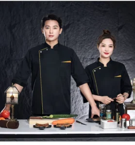 Unisex Short-Sleeve Poly-Cotton BBQ Chef Coat with Gold Trim, Heat Resistance, and Custom Logo