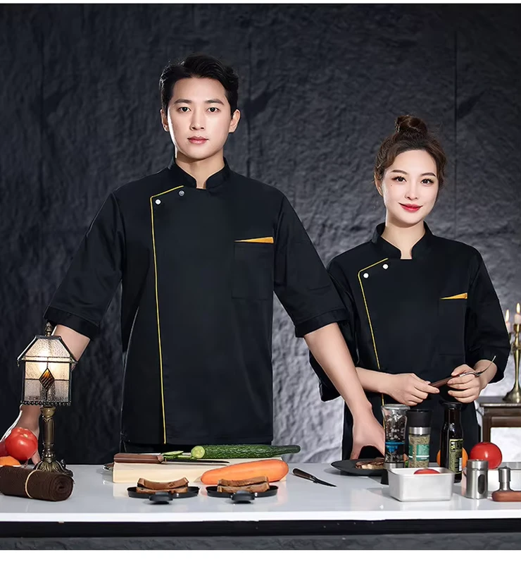 Unisex Short-Sleeve Poly-Cotton BBQ Chef Coat with Gold Trim, Heat Resistance, and Custom Logo