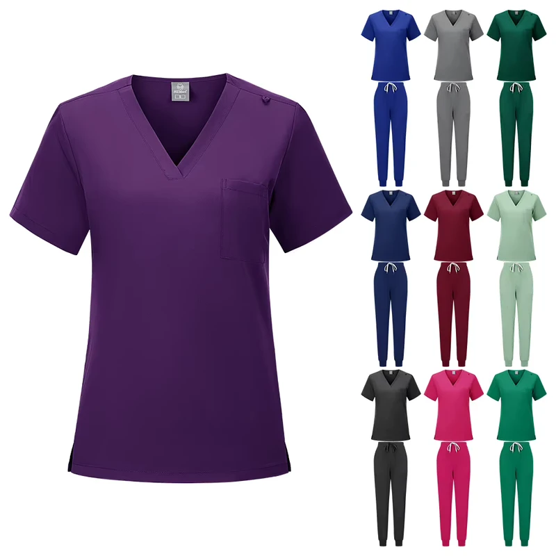 Unisex Summer Short Sleeve Scrub Set with Drawstring Pants for Hospital and Outpatient Work