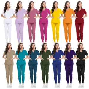 Unisex Two-Piece Doctor and Nurse Uniform with Pockets, V-Neck, Polyester Fabric