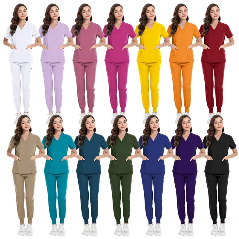 Unisex Two-Piece Doctor and Nurse Uniform with Pockets, V-Neck, Polyester Fabric