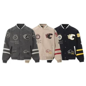 Unisex Vintage Embroidered Retro Letter Pattern Baseball Bomber Jacket Long Sleeved Windproof Striped Button Up OEM Service