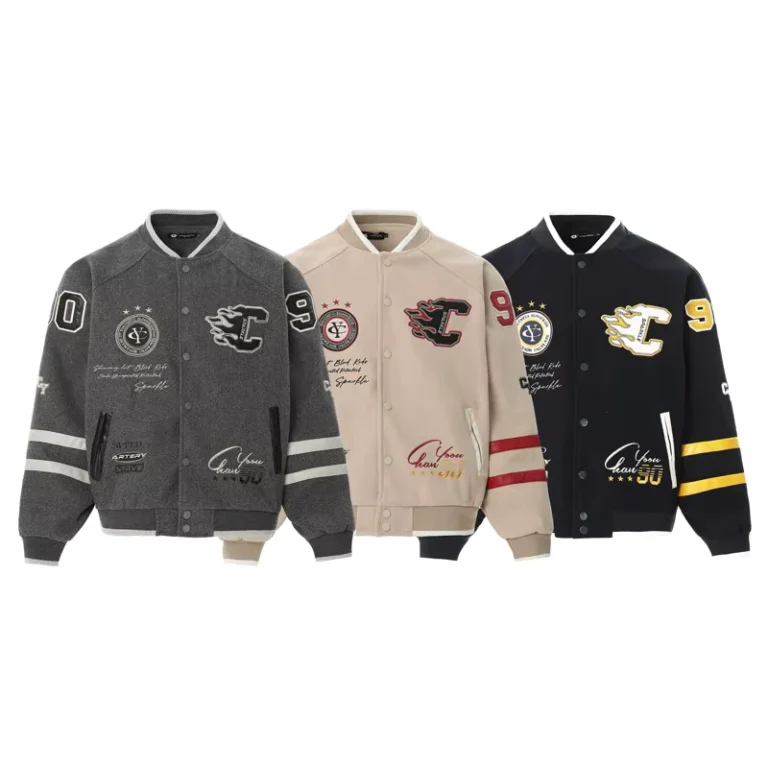 Unisex-Vintage-Embroidered-Retro-Letter-Pattern-Baseball-Bomber-Jacket-Long-Sleeved-Windproof-Striped-Button-Up-OEM-Service