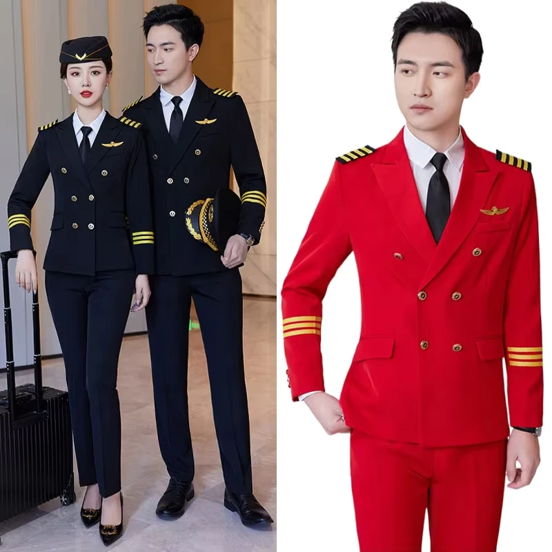 Unsex Airline Uniforms Flight Attendant Costumes Hostess Suits Pilot Pantsuit Airplane Outfit Captain Clothes Work Uniforms