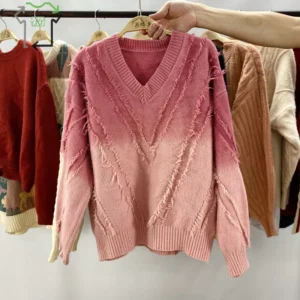 Used Knitted Polyester Cotton Clean 95-100% Ladies Pullover Autumn Vintage Sweater Round Neck Second Hand