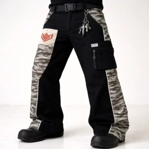 Utility Cargo Jeans Mens Wide Leg Workwear Trousers Camo Panel Patch Pocket Zipper Detail Belt Chain