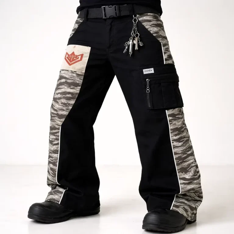 Utility-Cargo-Jeans-Mens-Wide-Leg-Workwear-Trousers-Camo-Panel-Patch-Pocket-Zipper-Detail-Belt-Chain