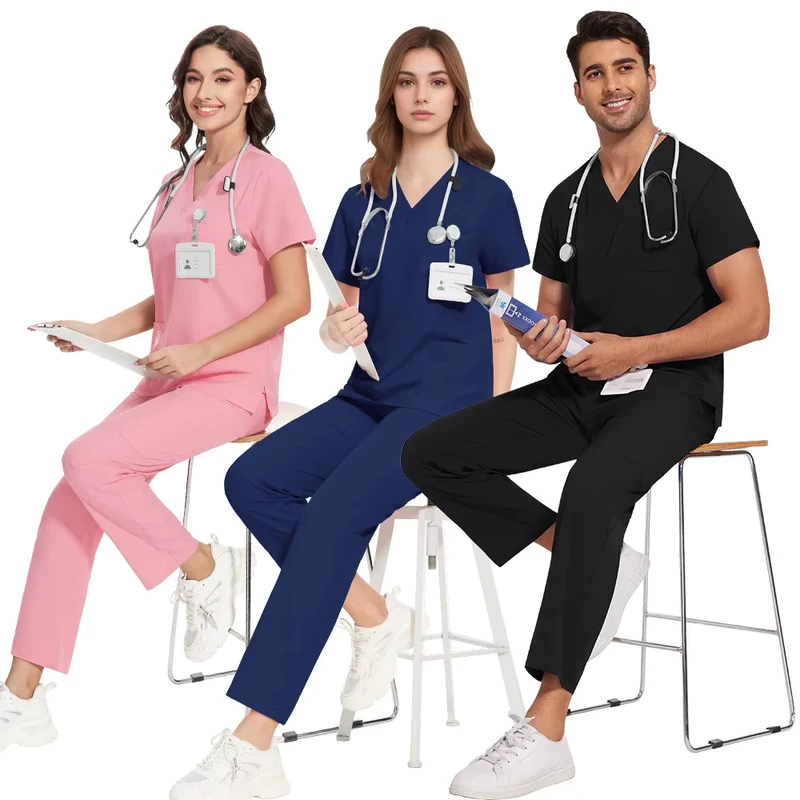 V Neck Short Sleeve Elastic Wrinkle Resistant Breathable Medical Scrub Suit for Hospitals Multi Pockets