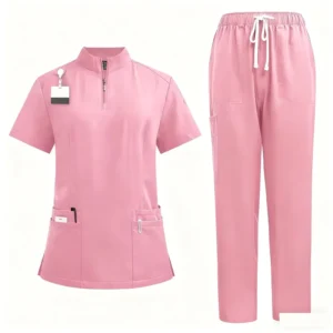 V-Neck Zipper Scrub Top and Jogger Pants Set for Manicurist, Spa, Nursing, and Medical Use